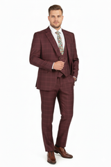 Men’s Burgundy Checkered 3-Piece Suit – Windowpane Classic Fit Plaid Blazer with Vest and Pants