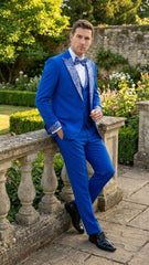 Men’s Bright Royal Blue and White lapel Embellished Tuxedo Suit – 3-Piece Formal Wedding, Prom, and Gala Outfit
