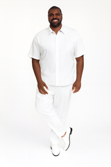 Men’s White Embroidered Guayabera Two-Piece Set – Short Sleeve Shirt and Pants