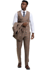 Men's Stacy Adams One Button Peak Lapel Double Breasted Vest Suit in Light Brown Plaid