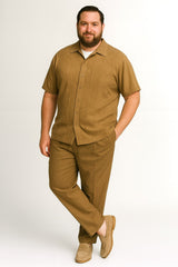 Mens Mocha Brown Short Sleeve Knit Walking Suit – Two-Piece Casual Button Down Set in Taupe Coffee Color