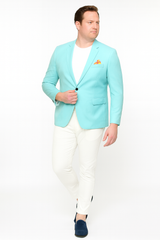 Men’s Aqua Blazer – Slim Fit One Button Suit Jacket with Stylish Floral Inner Lining - Light Turquoise
