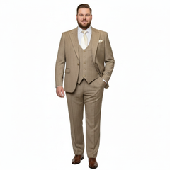 Men’s Beige Pinstripe Three-Piece Suit – Classic Fit Formal Suit with Vest and Flat-Front Pants in Tan Stripe By Rossiman