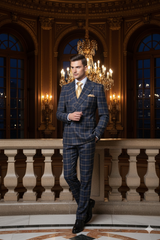 Men’s Navy and Tan Windowpane Double-Breasted Suit | Classic 2-Piece Plaid Dress Suit, Business, and Formal Events By Rossiman