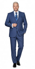 Mens Indigo Navy Blue Windowpane Check Suit – Classic 2-Piece Formal Business and Wedding Wear Set in Cobalt Blue