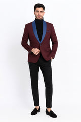 Mens Burgundy Tuxedo Dinner Jacket Blazer with Blue Satin Shawl Lapel Wedding and Party Jacket