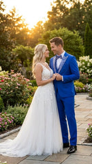 Men’s Bright Royal Blue and White lapel Embellished Tuxedo Suit – 3-Piece Formal Wedding, Prom, and Gala Outfit