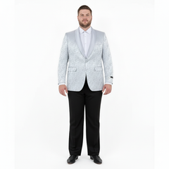 Big and Tall Men’s Silver Gray Paisley Tuxedo Jacket – Satin Shawl Lapel Blazer for Weddings, Proms, and Formal Events