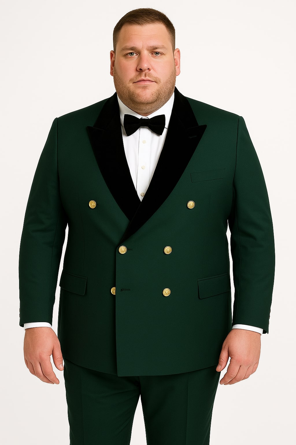 Men's Green Double-Breasted Wedding Tuxedo with Black Velvet Lapel and Gold Buttons