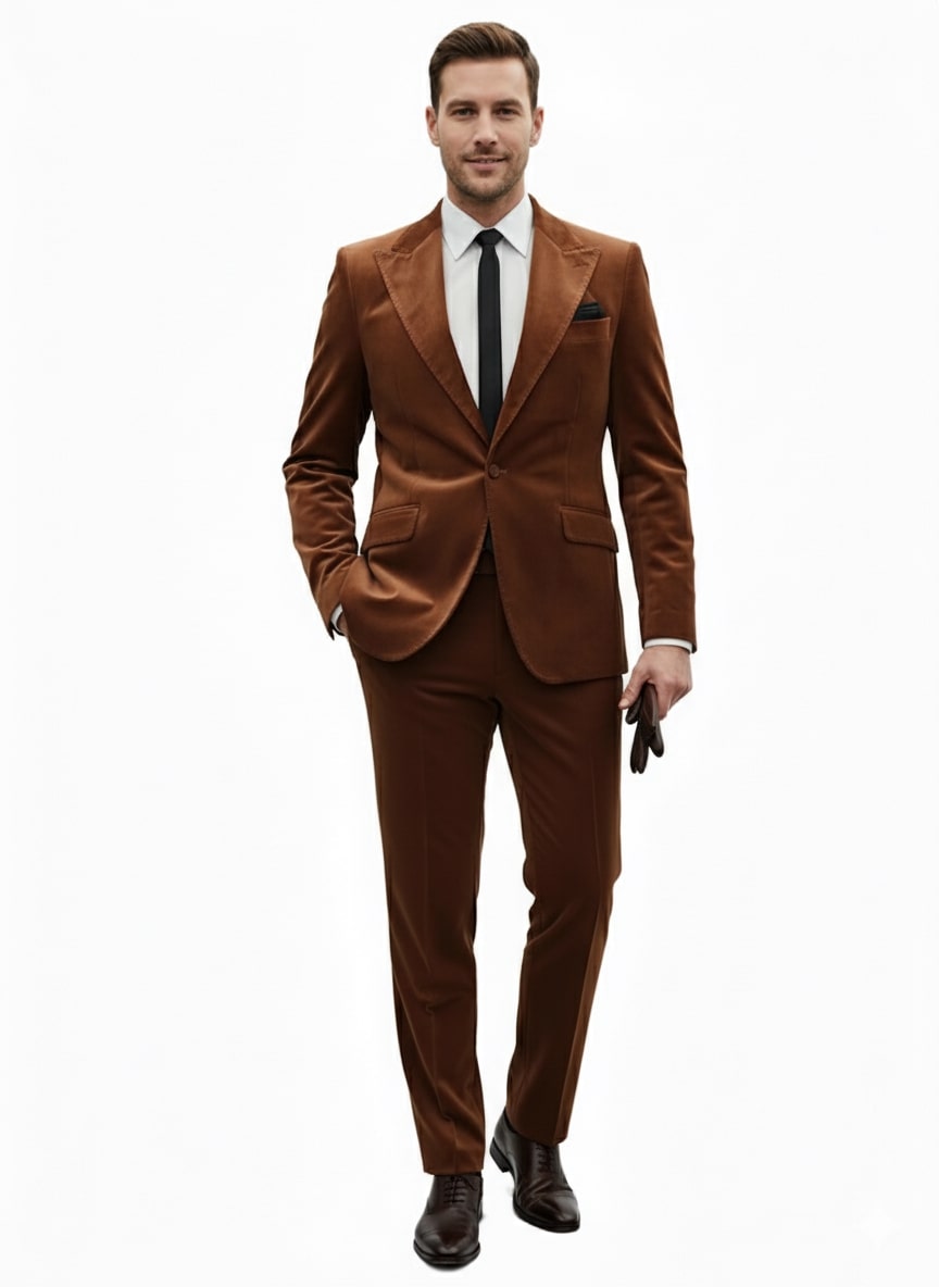 Mens Brown Velvet 2-Piece Suit – Luxury Slim Fit Formal Blazer and Pants Set in Rust Copper Color 3   - from alligatorwarehouse.com