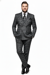 Men’s Charcoal Plaid Double-Breasted Suit – Tailored Pants Windowpane Pattern By Rossiman