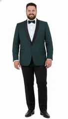 Men’s Green Tuxedo Suit – Slim Fit Jacket with Black Satin Shawl Lapel and Black Pants in Hunter Green