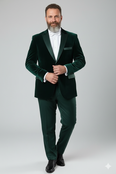 Men’s Dark Green Velvet Tuxedo Dinner Jacket – Slim Fit Formal Blazer with Satin Peak Lapel Lape