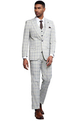 Men's Stacy Adams One Button Peak Lapel Vested Windowpane Plaid Suit in Grey & Blue