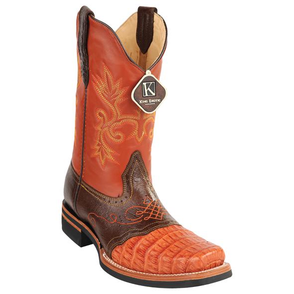 Men's King Exotic Caiman Square Toe Boots Rubber Sole & Saddle Vamp Cognac (48168203)