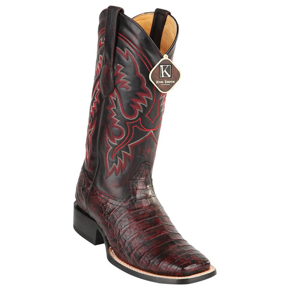 Men's King Exotic Wide Square Toe Caiman Belly Boots Handcrafted Black Cherry (48228218-2) 1   - from alligatorwarehouse.com