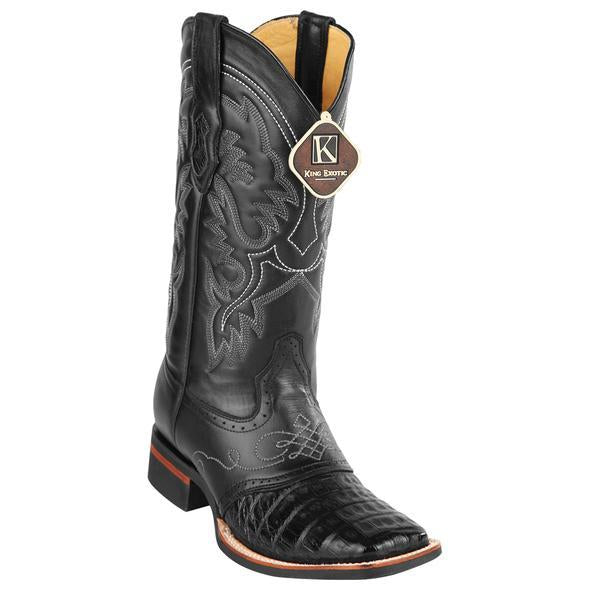 Men's King Exotic Caiman Crepe Sole Square Toe Boots With Saddle Black (48238205)