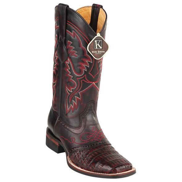 Men's King Exotic Caiman Crepe Sole Square Toe Boots With Saddle Black Cherry (48238218) 1   - from alligatorwarehouse.com