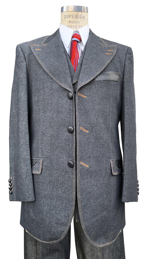 Denim Suit - Cotton Fabric Vested Suit - 3 Pieces Suit - Vested Fancy  Black Suit 2 NR-3636  - from alligatorwarehouse.com