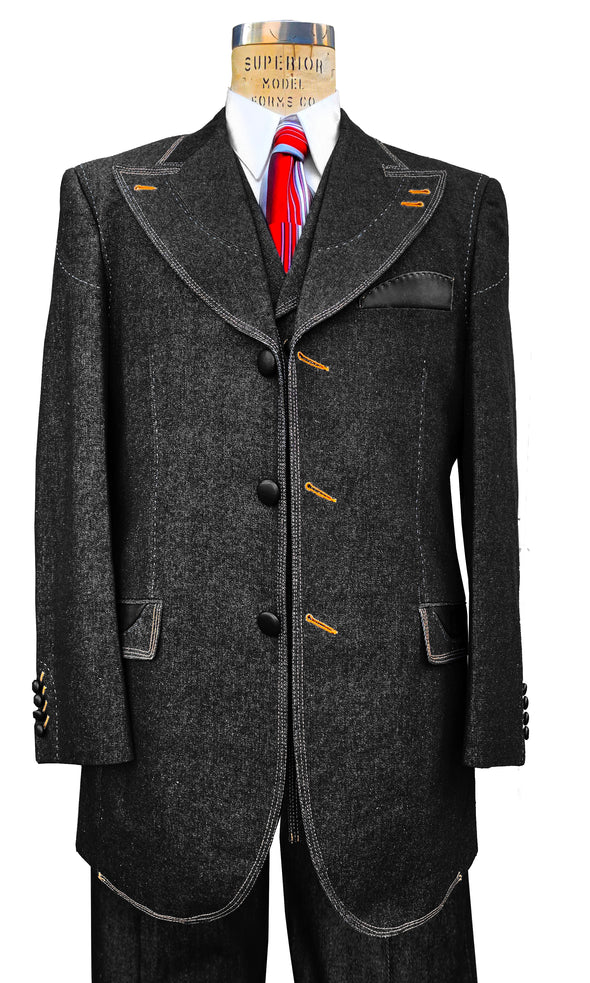 Denim Suit - Cotton Fabric Vested Suit - 3 Pieces Suit - Vested Fancy  Black Suit 1 NR-3636  - from alligatorwarehouse.com