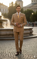 Mens Camel - Bronze - Goldish khaki Double-Breasted Suit – Luxury 2-Piece Formal Set with Gold Buttons and Peak Lapels by Rossi Man