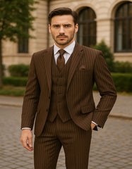 Men's Brown Pinstripe 3-Piece Suit with Matching Vest ƒ?? Classic Fit Business and Formal Attire