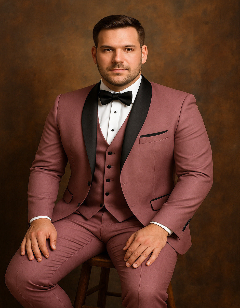 Men's Mauve Pink Tuxedo Suit ƒ?? 3-Piece Slim Fit with Black Satin Shawl Lapel 1   - from alligatorwarehouse.com