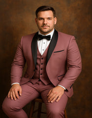 Men's Mauve Pink Tuxedo Suit ƒ?? 3-Piece Slim Fit with Black Satin Shawl Lapel