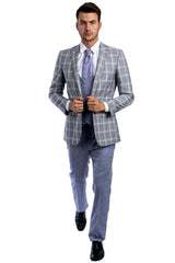"Men's Grey & Blue Windowpane Plaid Suit - One Button Peak Lapel with Double Breasted Vest"
