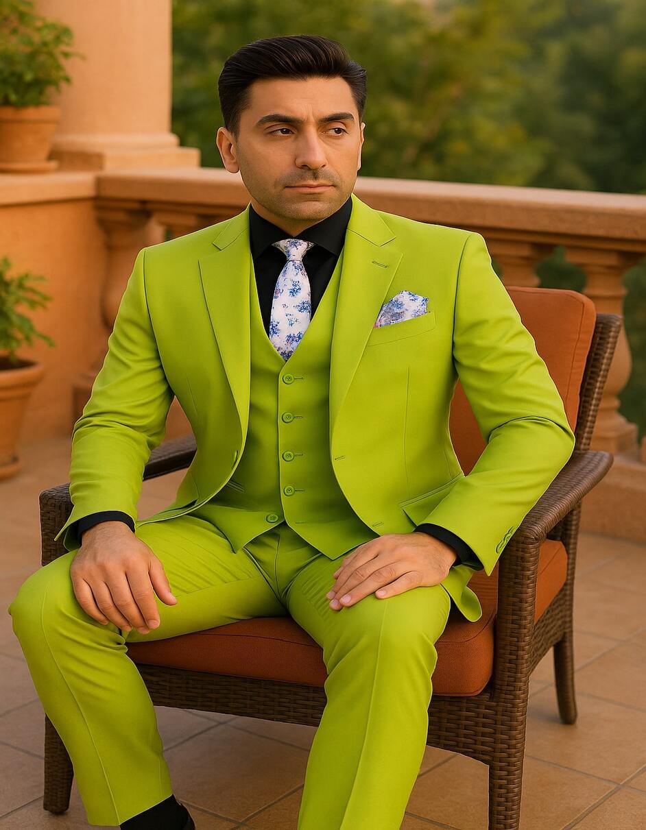 Men's Lime Green Three-Piece Suit with Floral Tie ƒ?? Slim Fit Tuxedo for Weddings & Parties