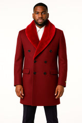 Mens Double-Breasted Burgundy Overcoat with Red Faux Fur Shawl Collar – Alberto Nardoni Winter Coat