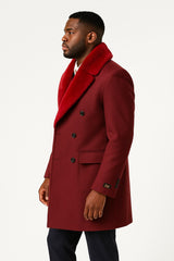 Mens Double-Breasted Burgundy Overcoat with Red Faux Fur Shawl Collar – Alberto Nardoni Winter Coat