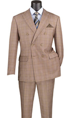 Alexander Collection - Tan Double Breasted 2 Piece Suit Regular Fit Glen Plaid