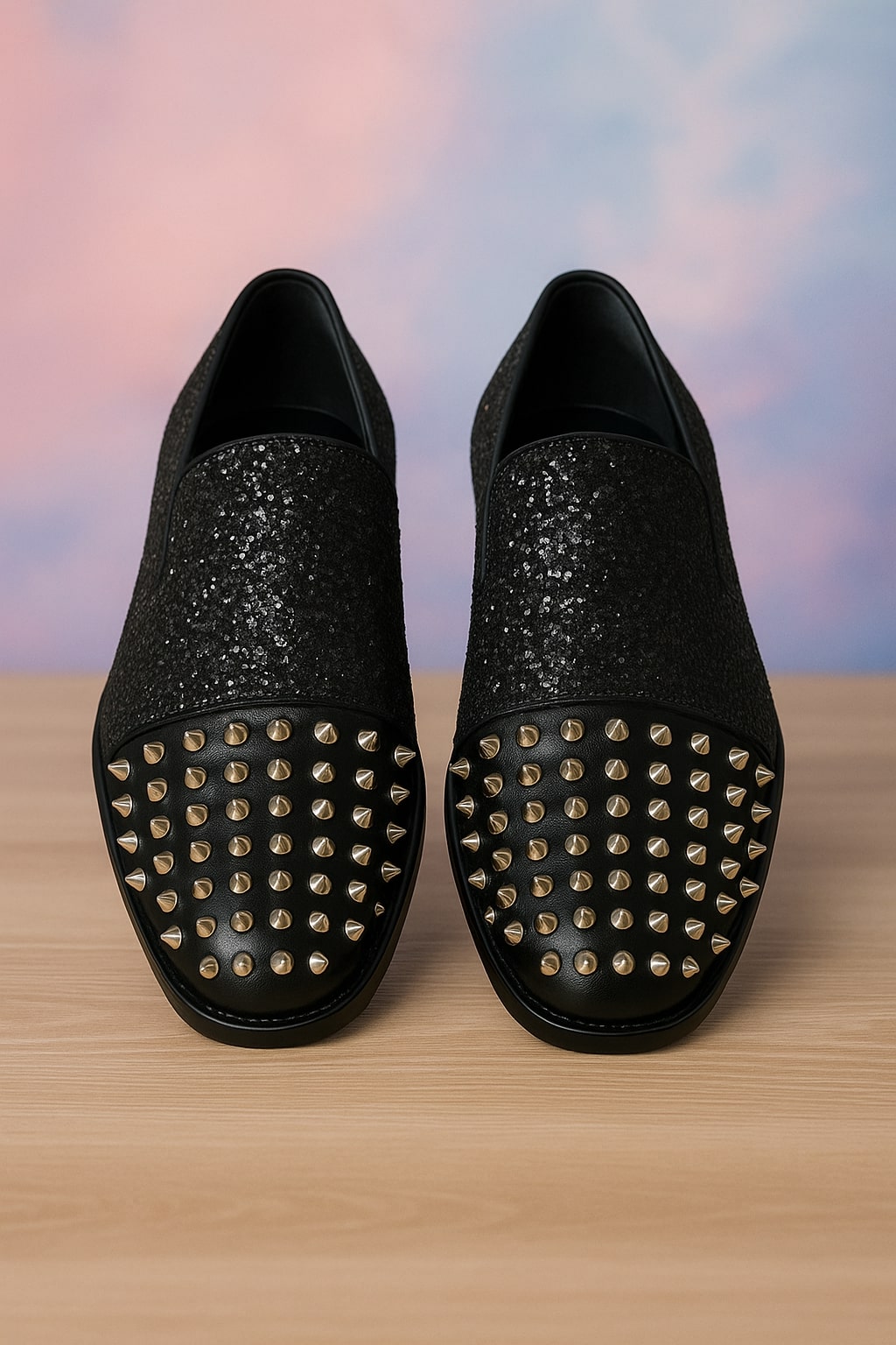 Men's Black Glitter Loafers with Spike Studded Toe – Designer Slip-On Dress Shoes for Parties and Events 1   - from alligatorwarehouse.com