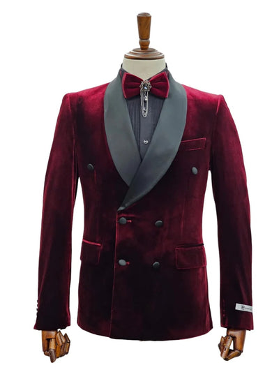 Double Breasted Tuxedo Suit - Slim fitted - Burgundy Suit - Shawl Collar