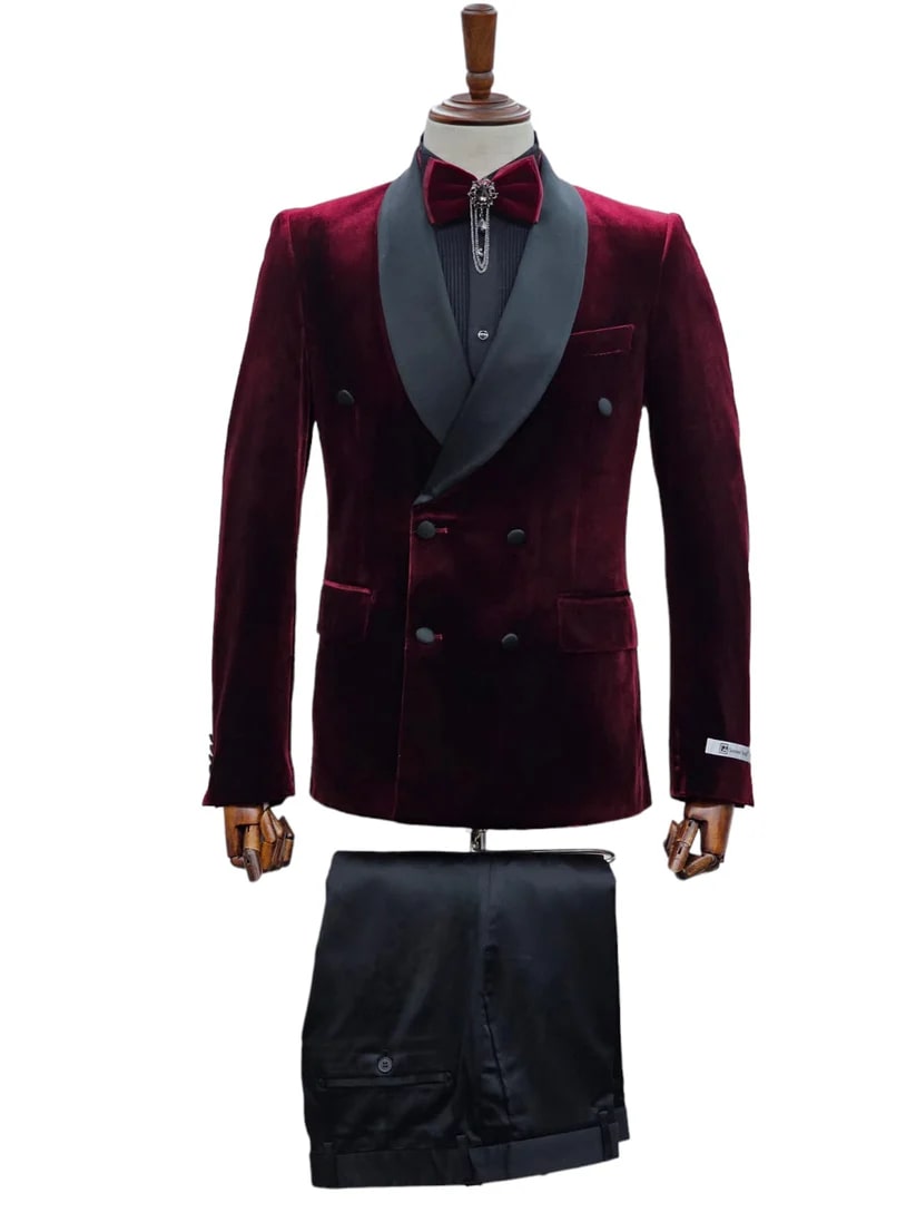 Double Breasted Tuxedo Suit  - Slim fitted - Burgundy Suit - Shawl Collar 1 KW-0180  - from alligatorwarehouse.com