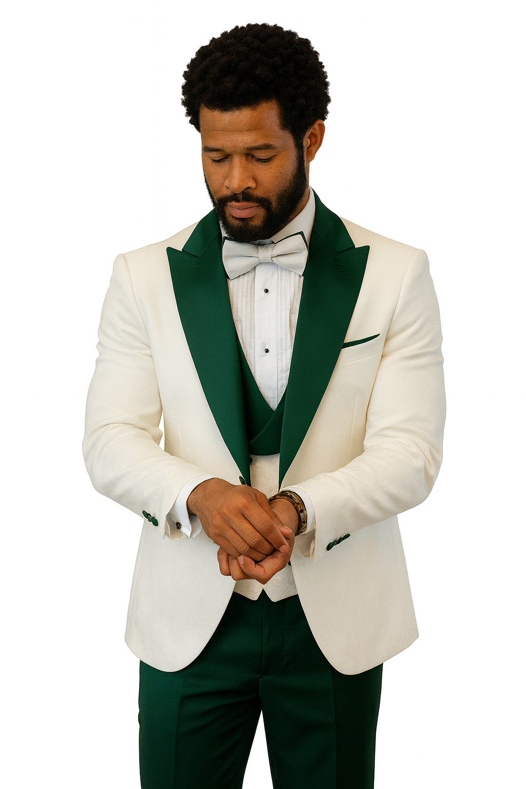 Hilton White and Hunter Green Paisley Peak Lapel Tuxedo Jacket with Matching Shawl Vest and Wool Pants – Includes Bow Tie 2   - from alligatorwarehouse.com
