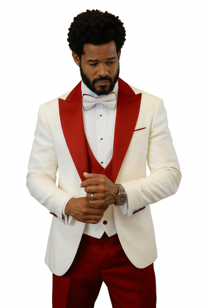 Hilton White and Red Paisley Peak Lapel Tuxedo Jacket with Matching Shawl Vest and Wool Pants – Includes Bow Tie