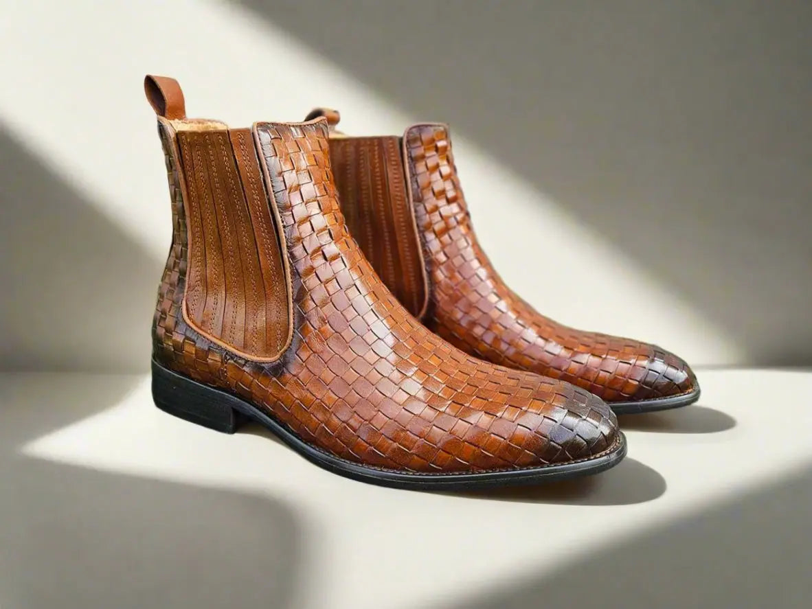 Basket Weave Leather Chelsea Boot 4 KB886-18XBURGUNDY75  - from alligatorwarehouse.com