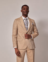 Mens Linen Suit For Beach Wedding - Summer Suit in Beige Herringbone
