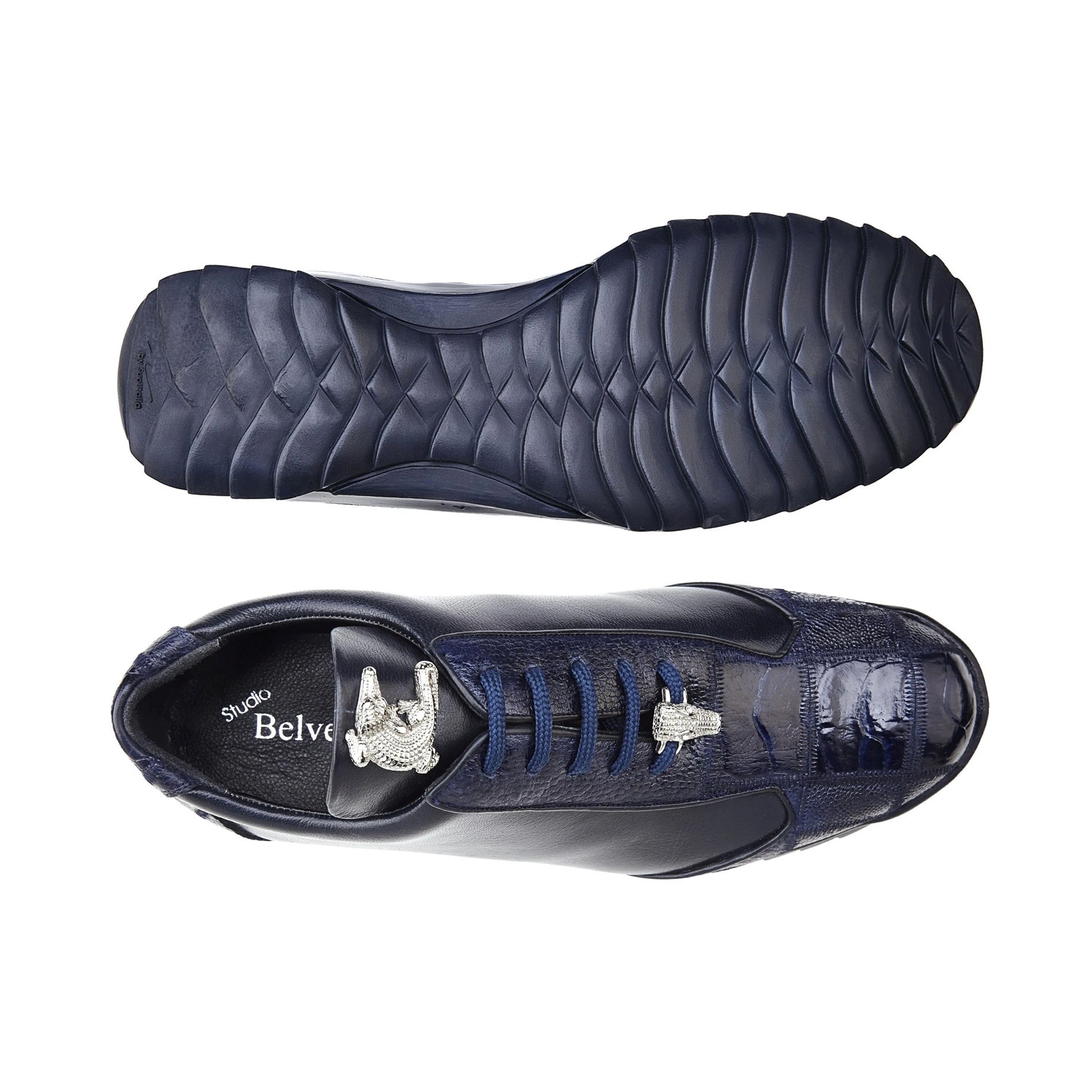Mens Belvedere Paulo Sneaker in Calf & Ostrich Leg Patchwork in Navy 2   - from alligatorwarehouse.com