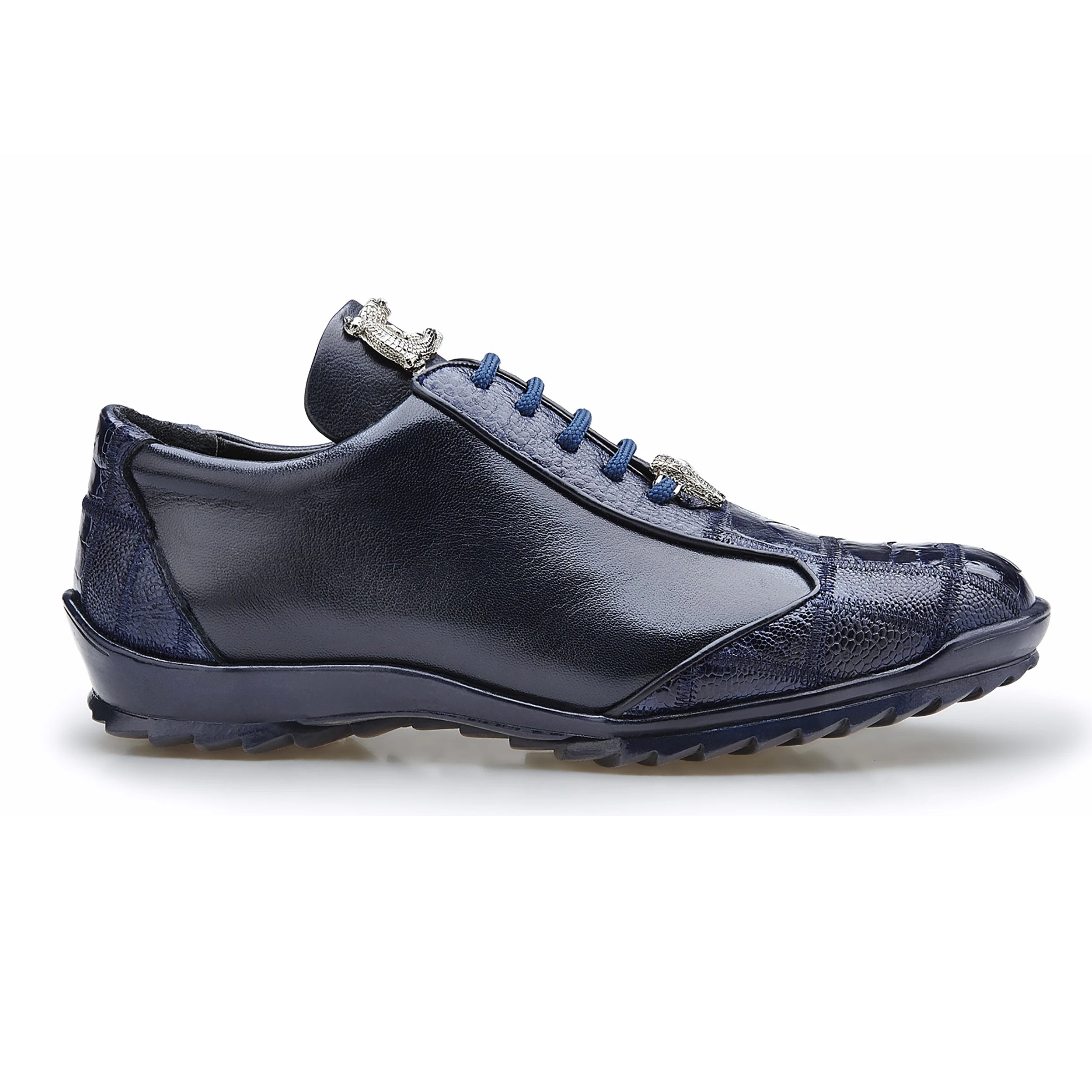 Mens Belvedere Paulo Sneaker in Calf & Ostrich Leg Patchwork in Navy 1   - from alligatorwarehouse.com