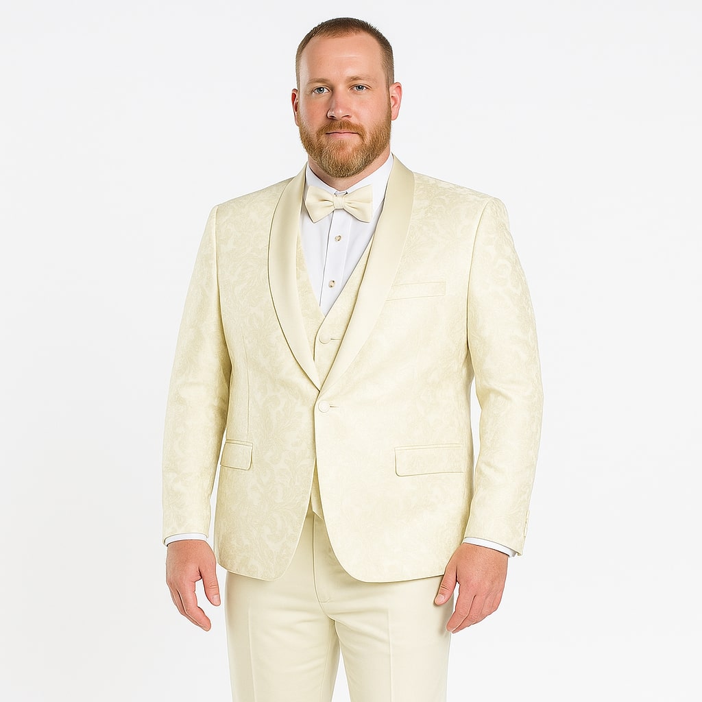 Big and Tall Ivory Floral Tuxedo – 3-Piece Embroidered Suit with Shawl Lapel for Weddings, Proms in Color Cream 1   - from alligatorwarehouse.com