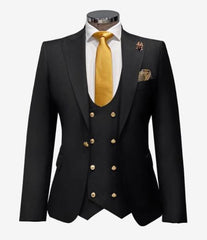 Black Mens Double Breasted Slim-fit Suit With Gold Buttons 46 Long Double Breasted Vest