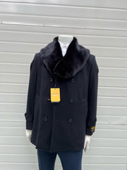 Mens Black Peacoat Wool Overcoat with Faux Fur Shawl Collar – Double-Breasted Winter Peacoat