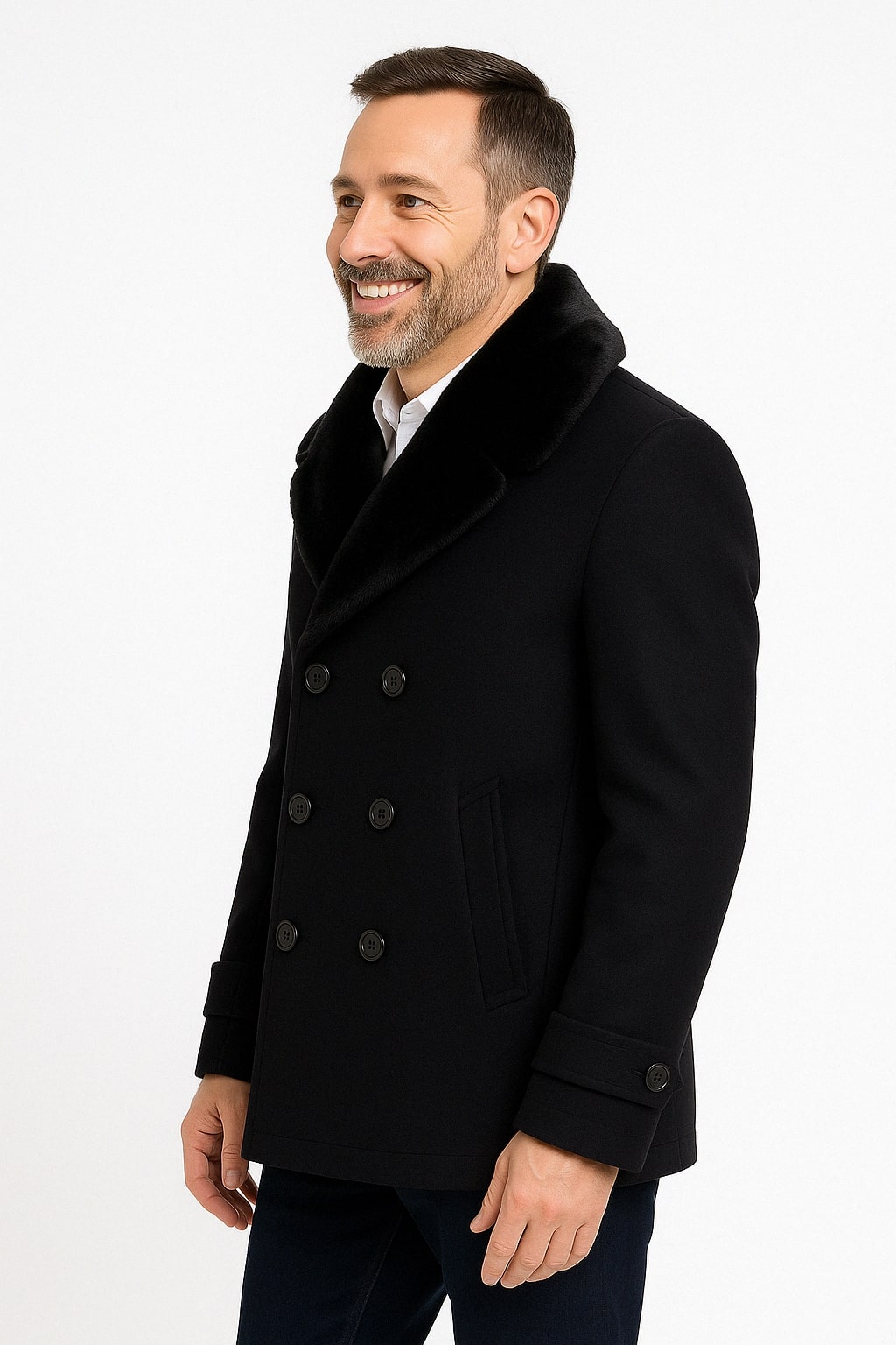 Mens Black Peacoat Wool Overcoat with Faux Fur Shawl Collar – Double-Breasted Winter Peacoat 2   - from alligatorwarehouse.com