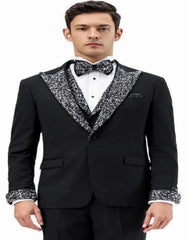 Black Prom Tuxedo - Perfect Wedding Suit Vested Rhinestone Lapelled