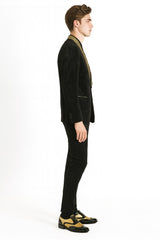 Mens Black and Gold Jacquard Tuxedo Blazer – Luxury Shawl Collar Wedding and Party Smoking Jacket