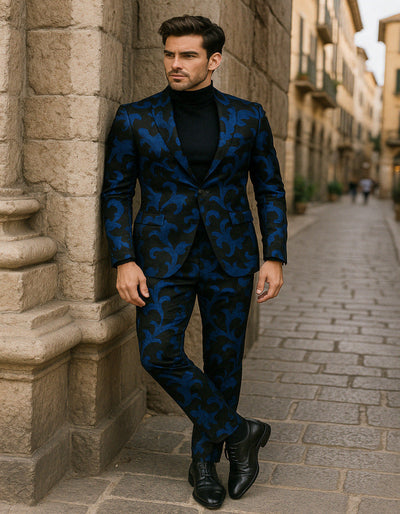 Mens Black and Royal Blue Floral Tuxedo Suit ƒ?? Slim Fit 2 Piece Velvet Embroidered Outfit for Weddings, Prom, and Formal Events