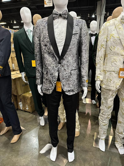 Mens Black and Silver Paisley Tuxedo with Satin Lapel and Bow Tie ƒ?? Formal Party Suit